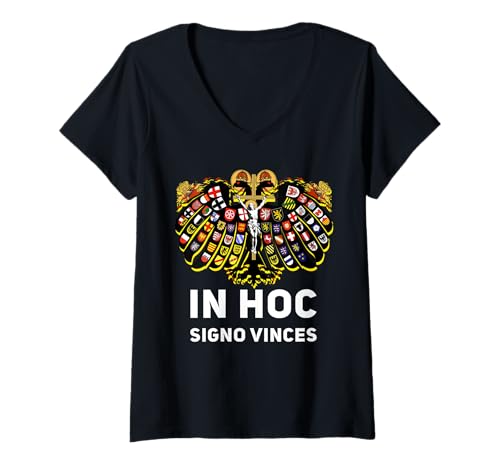 Damen Heiliges römisch-katholisches Reich Doppelköpfiges Adlerwappen T-Shirt mit V-Ausschnitt von Modern Day Catholic Designs