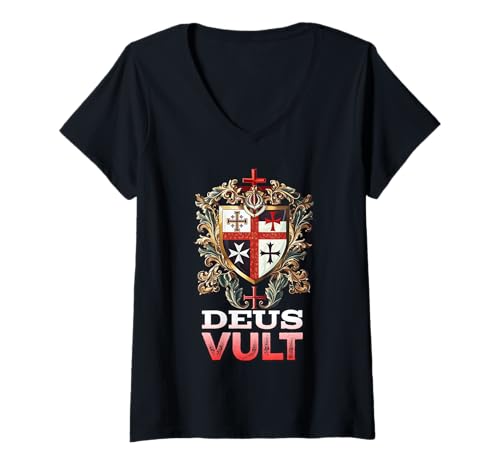 Damen Katholischer Tempelritter Kreuzritter Kreuz Latein T-Shirt mit V-Ausschnitt von Modern Day Catholic Designs