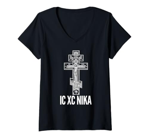 Damen Kruzifix-Symbol des östlichen orthodoxen Christus T-Shirt mit V-Ausschnitt von Modern Day Catholic Designs