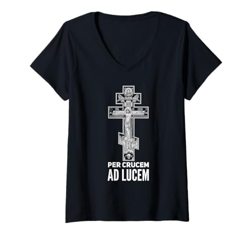 Damen Kruzifix-Symbol des östlichen orthodoxen Christus T-Shirt mit V-Ausschnitt von Modern Day Catholic Designs