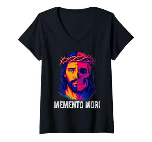 Damen Memento Mori Katholisches Kruzifix, traditioneller lateinischer Massenschädel T-Shirt mit V-Ausschnitt Damen Memento Mori Katholisches Kruzifix, traditioneller lateinischer Massenschädel T-Shirt mit V-Ausschnitt von Modern Day Catholic Designs