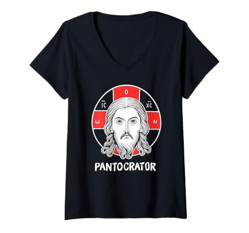 Damen Orthodoxe christliche östlich-orthodoxe Christus Pantokrator-Ikone T-Shirt mit V-Ausschnitt von Modern Day Catholic Designs