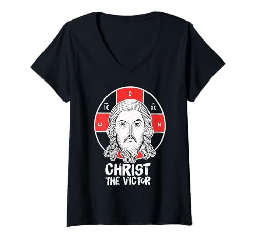 Damen Orthodoxe christliche östlich-orthodoxe Christus Pantokrator-Ikone T-Shirt mit V-Ausschnitt von Modern Day Catholic Designs