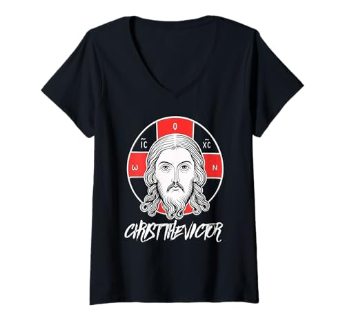 Damen Orthodoxe christliche östlich-orthodoxe Christus Pantokrator-Ikone T-Shirt mit V-Ausschnitt von Modern Day Catholic Designs