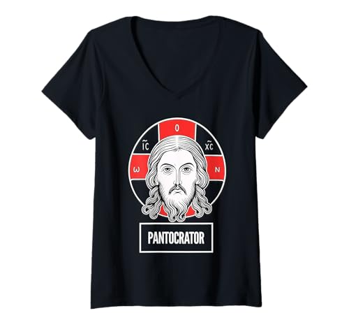 Damen Orthodoxe christliche östlich-orthodoxe Christus Pantokrator-Ikone T-Shirt mit V-Ausschnitt von Modern Day Catholic Designs