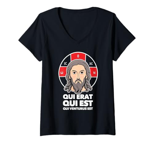 Damen Orthodoxe christliche östlich-orthodoxe Christus Pantokrator-Ikone T-Shirt mit V-Ausschnitt von Modern Day Catholic Designs