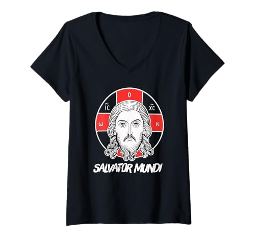 Damen Orthodoxe christliche östlich-orthodoxe Christus Pantokrator-Ikone T-Shirt mit V-Ausschnitt von Modern Day Catholic Designs