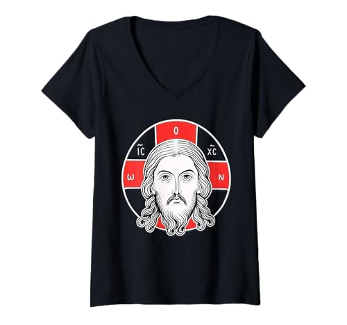Damen Orthodoxe christliche östlich-orthodoxe Christus Pantokrator-Ikone T-Shirt mit V-Ausschnitt von Modern Day Catholic Designs