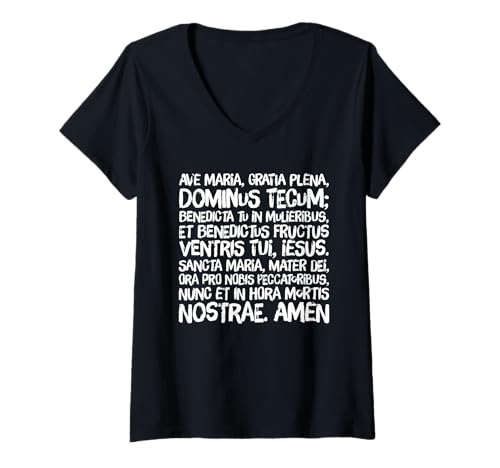 Damen Rosenkranz mit lateinischem Hagel Maria gesegnete Mutter T-Shirt mit V-Ausschnitt von Modern Day Catholic Designs