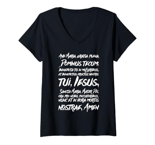 Damen Rosenkranz mit lateinischem Hagel Maria gesegnete Mutter T-Shirt mit V-Ausschnitt von Modern Day Catholic Designs