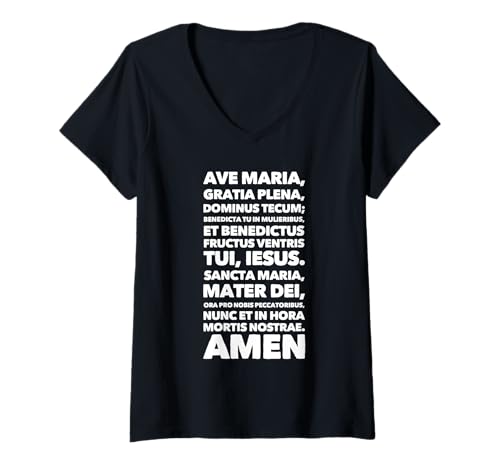 Damen Rosenkranz mit lateinischem Hagel Maria gesegnete Mutter T-Shirt mit V-Ausschnitt von Modern Day Catholic Designs