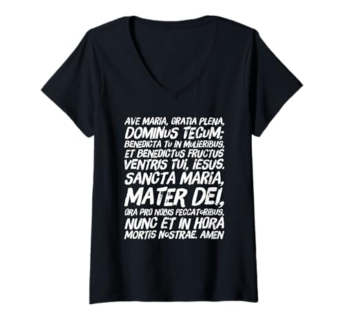 Damen Rosenkranz mit lateinischem Hagel Maria gesegnete Mutter T-Shirt mit V-Ausschnitt von Modern Day Catholic Designs