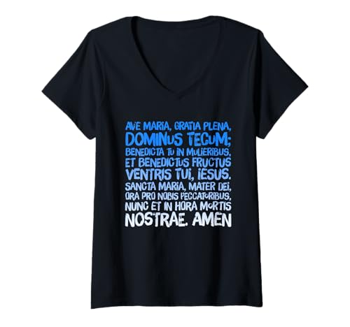 Damen Rosenkranz mit lateinischem Hagel Maria gesegnete Mutter T-Shirt mit V-Ausschnitt von Modern Day Catholic Designs