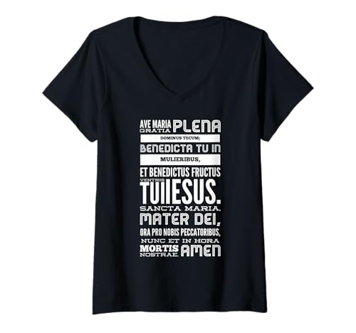 Damen Rosenkranz mit lateinischem Hagel Maria gesegnete Mutter T-Shirt mit V-Ausschnitt von Modern Day Catholic Designs