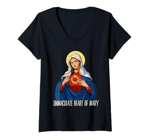 Damen Unbeflecktes Herz Marias Marian Katholik T-Shirt mit V-Ausschnitt von Modern Day Catholic Designs