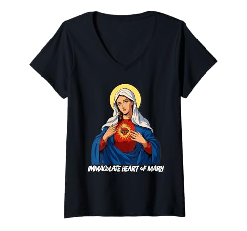 Damen Unbeflecktes Herz Marias Marian Katholik T-Shirt mit V-Ausschnitt von Modern Day Catholic Designs