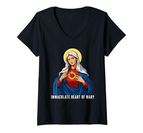 Damen Unbeflecktes Herz Marias Marian Katholik T-Shirt mit V-Ausschnitt von Modern Day Catholic Designs