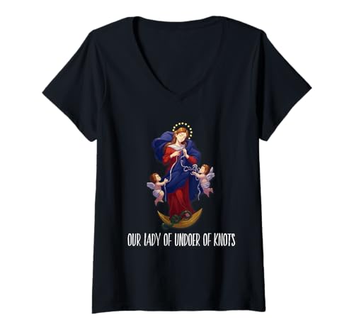 Damen Unsere Liebe Frau Undoer of Knots Unbefleckte Mutter T-Shirt mit V-Ausschnitt Damen Unsere Liebe Frau Undoer of Knots Unbefleckte Mutter T-Shirt mit V-Ausschnitt von Modern Day Catholic Designs
