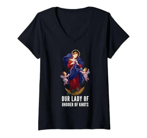 Damen Unsere Liebe Frau Undoer of Knots Unbefleckte Mutter T-Shirt mit V-Ausschnitt von Modern Day Catholic Designs