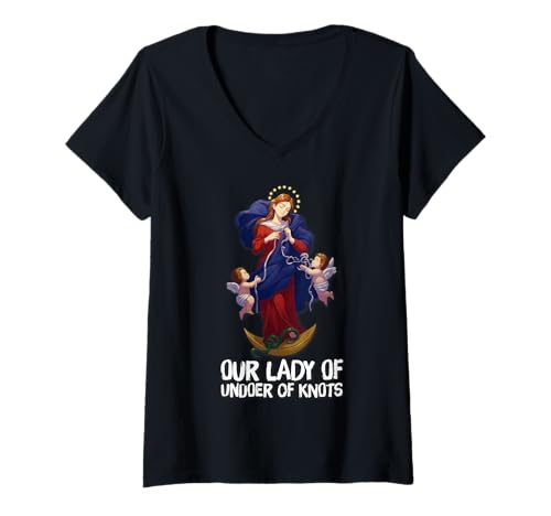 Damen Unsere Liebe Frau Undoer of Knots Unbefleckte Mutter T-Shirt mit V-Ausschnitt von Modern Day Catholic Designs