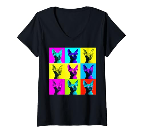 Damen Sphynx Cat Pop Art Grafik in lebendigen Retro-Farben T-Shirt mit V-Ausschnitt Damen Sphynx Cat Pop Art Grafik in lebendigen Retro-Farben T-Shirt mit V-Ausschnitt von Modern Pet Pop Art Studio