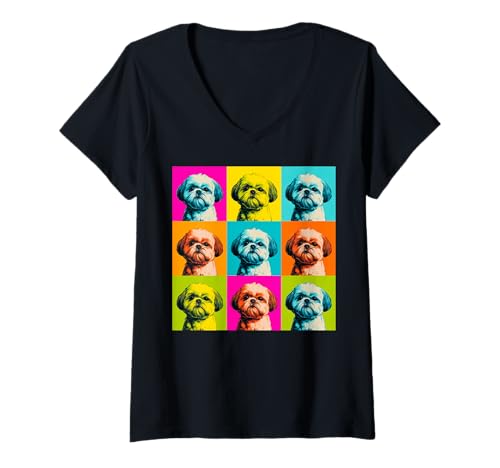 Damen Bunte Shih Tzu Pop Art Grafik im Retro-Stil T-Shirt mit V-Ausschnitt Damen Bunte Shih Tzu Pop Art Grafik im Retro-Stil T-Shirt mit V-Ausschnitt von Modern Pet Pop Art