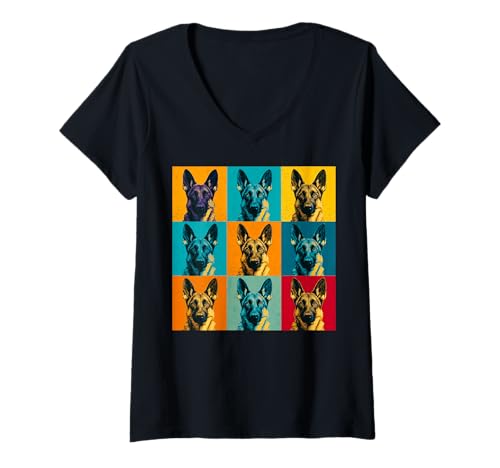 Damen Deutscher Schäferhund Pop Art Multi Panel Grafik T-Shirt mit V-Ausschnitt Damen Deutscher Schäferhund Pop Art Multi Panel Grafik T-Shirt mit V-Ausschnitt von Modern Pet Pop Art