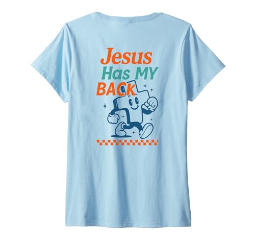 Damen Christliche Retro-Grafik mit Jesus Has My Back Cross T-Shirt mit V-Ausschnitt Damen Christliche Retro-Grafik mit Jesus Has My Back Cross T-Shirt mit V-Ausschnitt von Modern Subtle Christian Faith Shirts