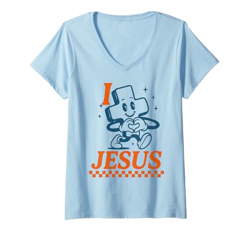Damen I Love Jesus, niedliches Retro-Kreuz, christliches T-Shirt mit V-Ausschnitt Damen I Love Jesus, niedliches Retro-Kreuz, christliches T-Shirt mit V-Ausschnitt von Modern Subtle Christian Faith Shirts