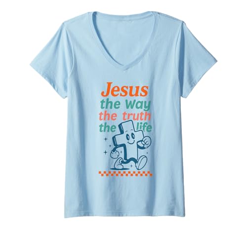 Damen Jesus The Way Truth Life Kreuz Bibelvers Retro T-Shirt mit V-Ausschnitt Damen Jesus The Way Truth Life Kreuz Bibelvers Retro T-Shirt mit V-Ausschnitt von Modern Subtle Christian Faith Shirts
