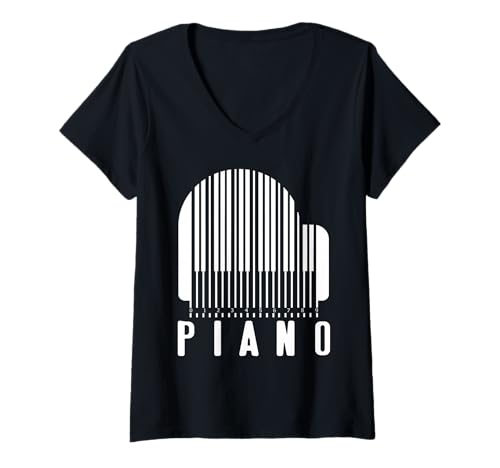 Damen Minimalistisches Klavier Barcode Musik Humor T-Shirt mit V-Ausschnitt Damen Minimalistisches Klavier Barcode Musik Humor T-Shirt mit V-Ausschnitt von Modern Tastatur Musik Fan Ausdruck
