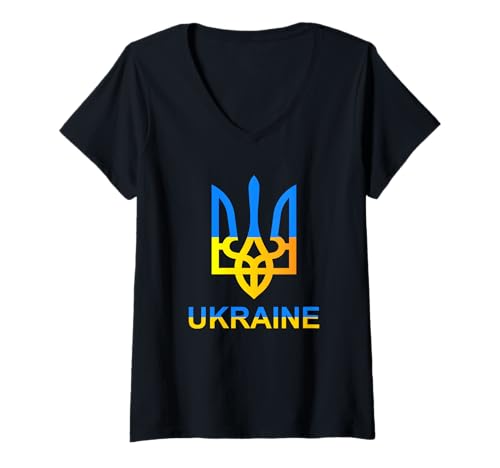 Damen Ukraine Tryzub Dreizack kühne Moderne Flagge Stil Grafik T-Shirt mit V-Ausschnitt Damen Ukraine Tryzub Dreizack kühne Moderne Flagge Stil Grafik T-Shirt mit V-Ausschnitt von Modern Ukraine Trident Patriotic Pride Gear