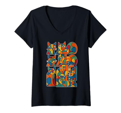 Damen Katzen, Retro-Katze aus der Mitte des Jahrhunderts, Moderne Kunst T-Shirt mit V-Ausschnitt Damen Katzen, Retro-Katze aus der Mitte des Jahrhunderts, Moderne Kunst T-Shirt mit V-Ausschnitt von Modern art cat and kitten designs