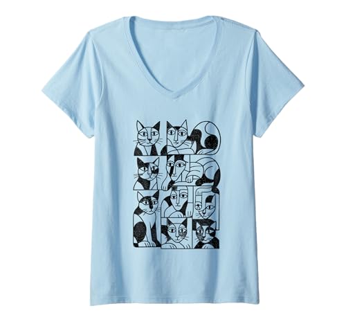 Damen Katzen, Retro-Katze aus der Mitte des Jahrhunderts, Moderne Kunst T-Shirt mit V-Ausschnitt Damen Katzen, Retro-Katze aus der Mitte des Jahrhunderts, Moderne Kunst T-Shirt mit V-Ausschnitt von Modern art cat and kitten designs