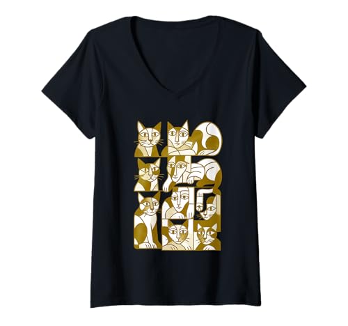 Damen Katzen, Retro-Katze aus der Mitte des Jahrhunderts, Moderne Kunst T-Shirt mit V-Ausschnitt Damen Katzen, Retro-Katze aus der Mitte des Jahrhunderts, Moderne Kunst T-Shirt mit V-Ausschnitt von Modern art cat and kitten designs