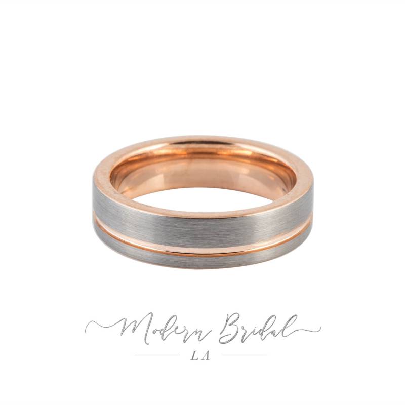 Turner 6mm Hartmetall Unisex Band. Gebürstetes Silber Mit Roségold Innenausstattung, Herrenring, Hochzeit, Comfort Fit, Seine Und Sie von ModernBridalLA