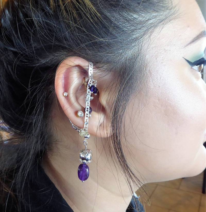 sterling Silber Ohrringe, Mezzo Mati | Earchain Satz Und Passende Natürliche Amethyst Halskette sterling Silber Ohrringe, Mezzo Mati | Earchain Satz Und Passende Natürliche Amethyst Halskette von ModernMati