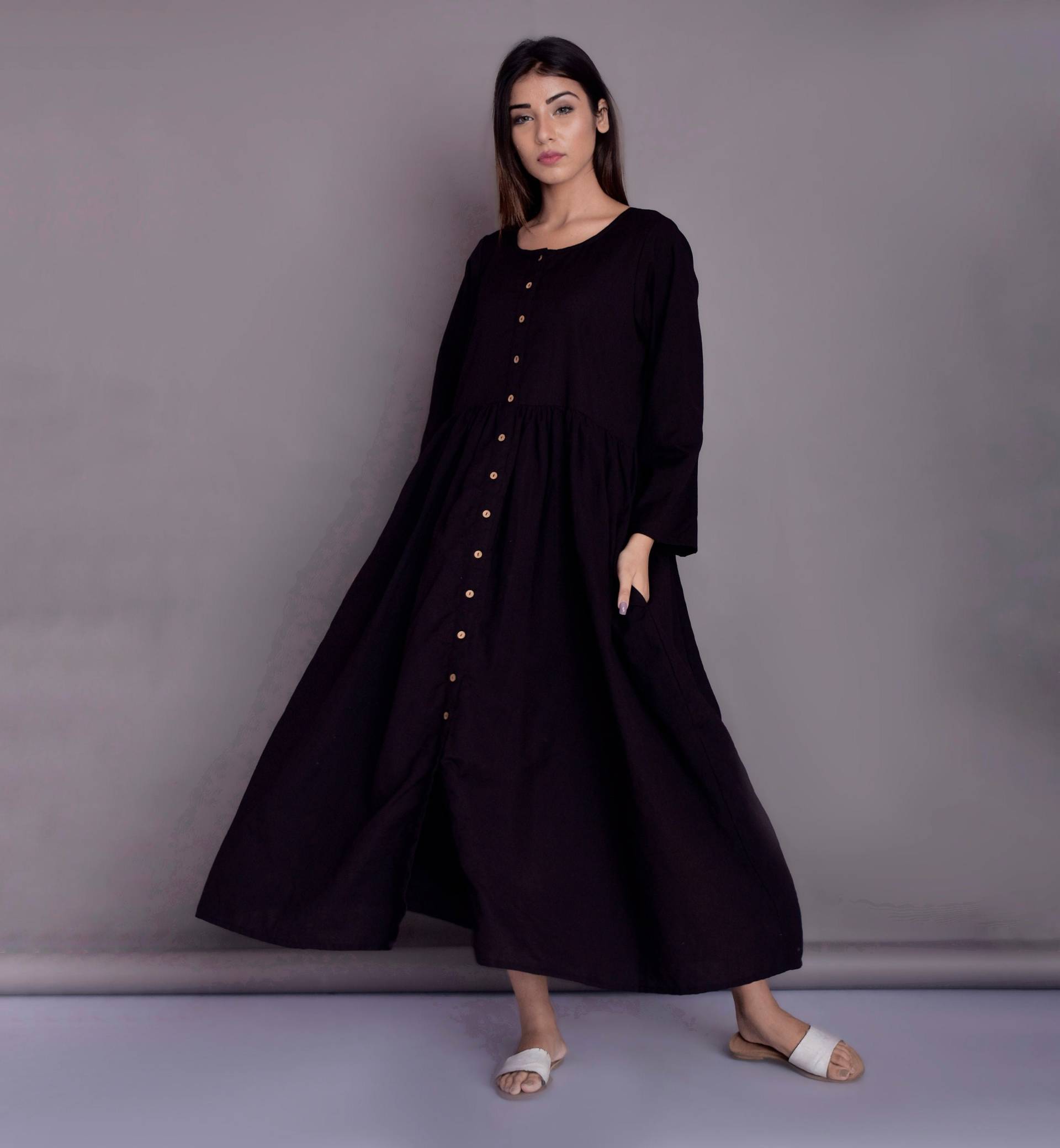 Leinen Maxikleid Lockeres Ausgestelltes Vollärmelkleid Mit Taschen von ModernMoveBoutique