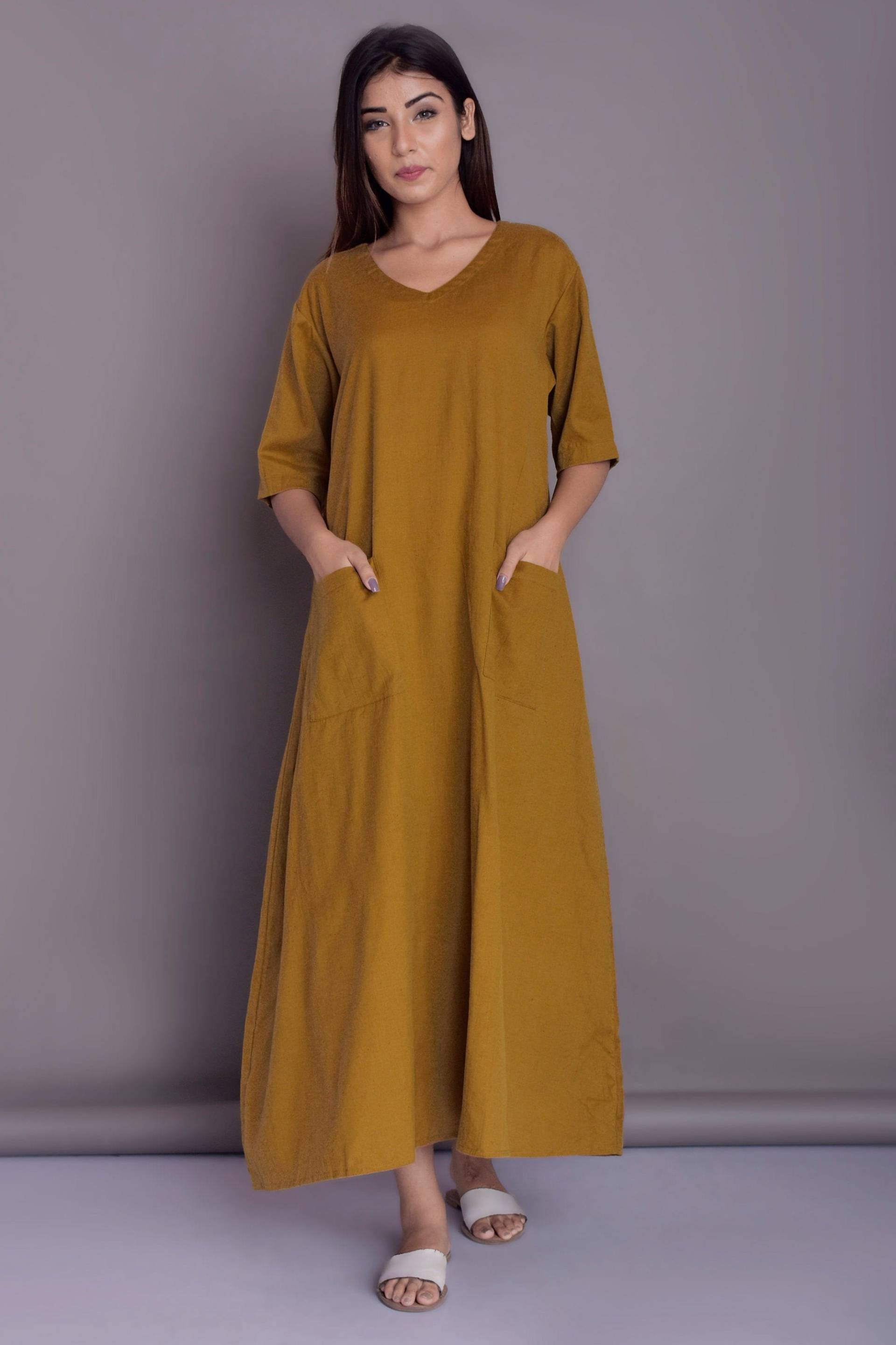 Leinen Tunika Kleid Knöchel Länge, Elbow Ärmel, Aufgesetzte Taschen von ModernMoveBoutique