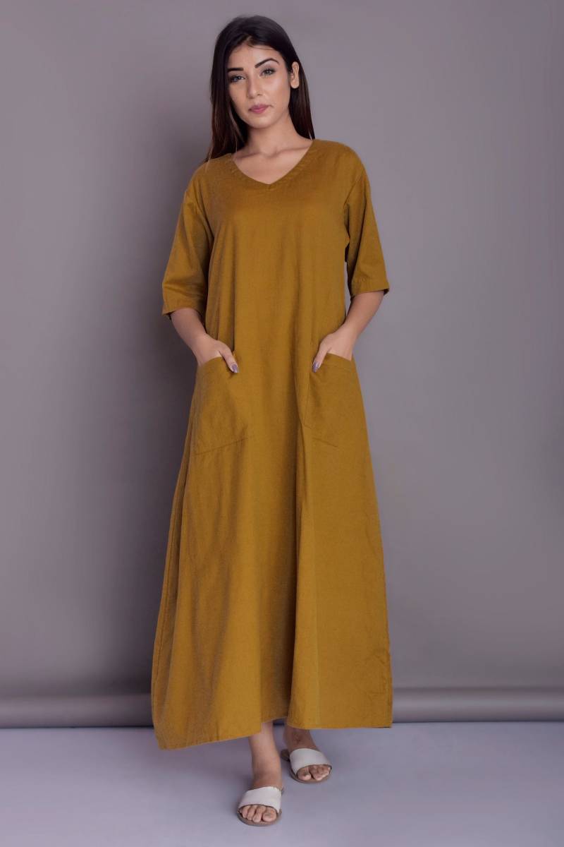 Leinen Tunika Kleid Knöchel Länge, Elbow Ärmel, Aufgesetzte Taschen von ModernMoveBoutique