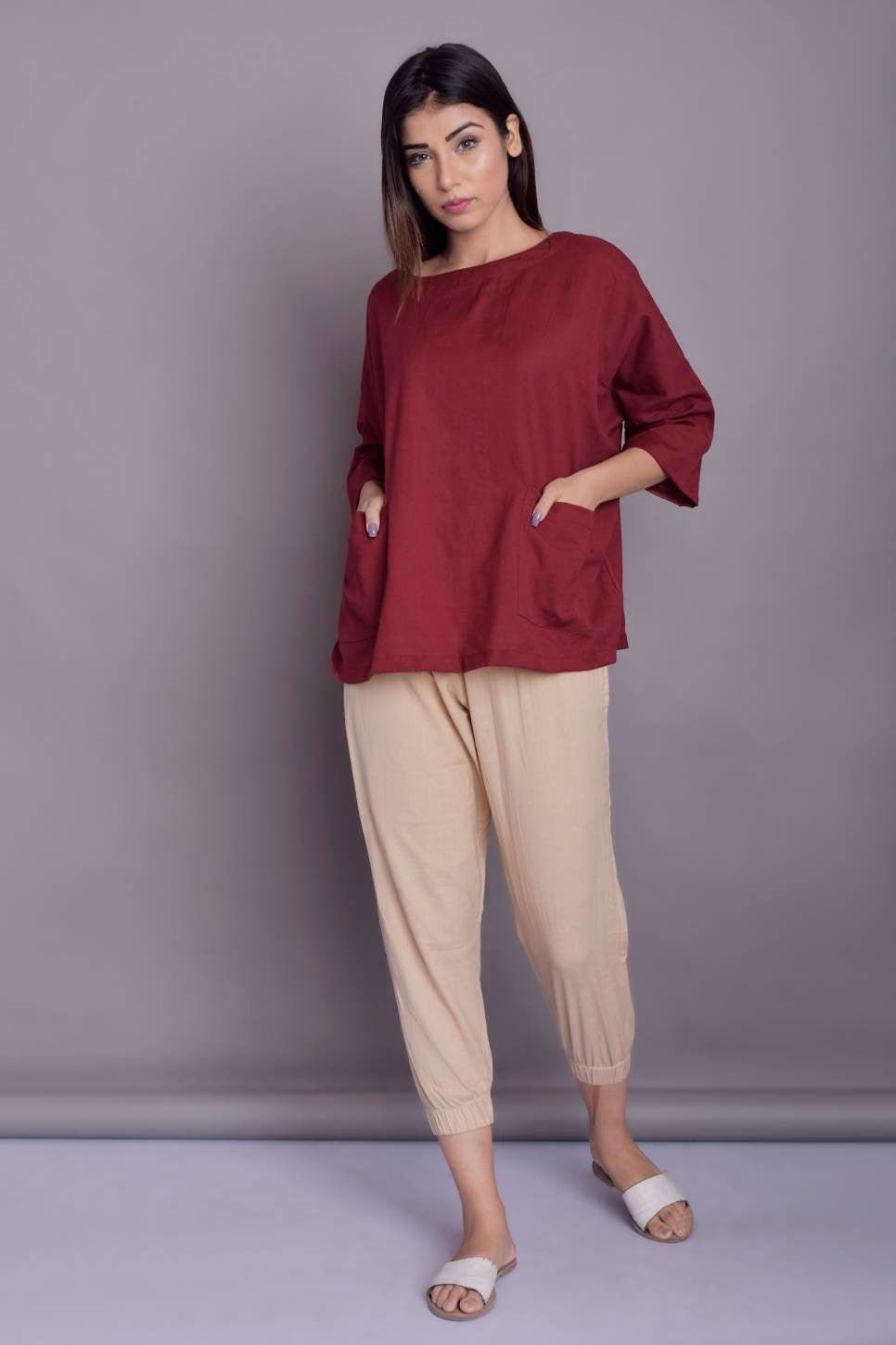 Übergroßes Leinenoberteil Mit Taschen Entspannte Passform, Drop-Sleeve-Bluse von ModernMoveBoutique