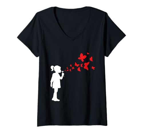Damen Weiße Schmetterlingssilhouette - Graffiti-Street-Art-Stil T-Shirt mit V-Ausschnitt Damen Weiße Schmetterlingssilhouette - Graffiti-Street-Art-Stil T-Shirt mit V-Ausschnitt von Modernes Graffiti Street Art Design