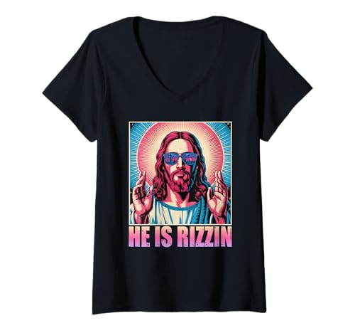 Damen He is Rizzin Lustiger Jesus Spruch Religiöser Humor T-Shirt mit V-Ausschnitt Damen He is Rizzin Lustiger Jesus Spruch Religiöser Humor T-Shirt mit V-Ausschnitt von Modernes Streetwear Parodie Für Junge Erwachsene