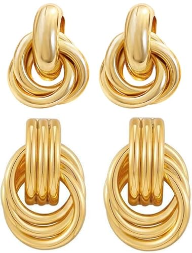 2 Paar goldene Knoten-Ohrringe, klobige Statement-Ohrringe, geometrischer Tropfenohrring, langer gedrehter Schmuck für Frauen, Messing, kein Edelstein, Messing, kein Edelstein 2 Paar goldene Knoten-Ohrringe, klobige Statement-Ohrringe, geometrischer Tropfenohrring, langer gedrehter Schmuck für Frauen, Messing, kein Edelstein, Messing, kein Edelstein von Modernplus