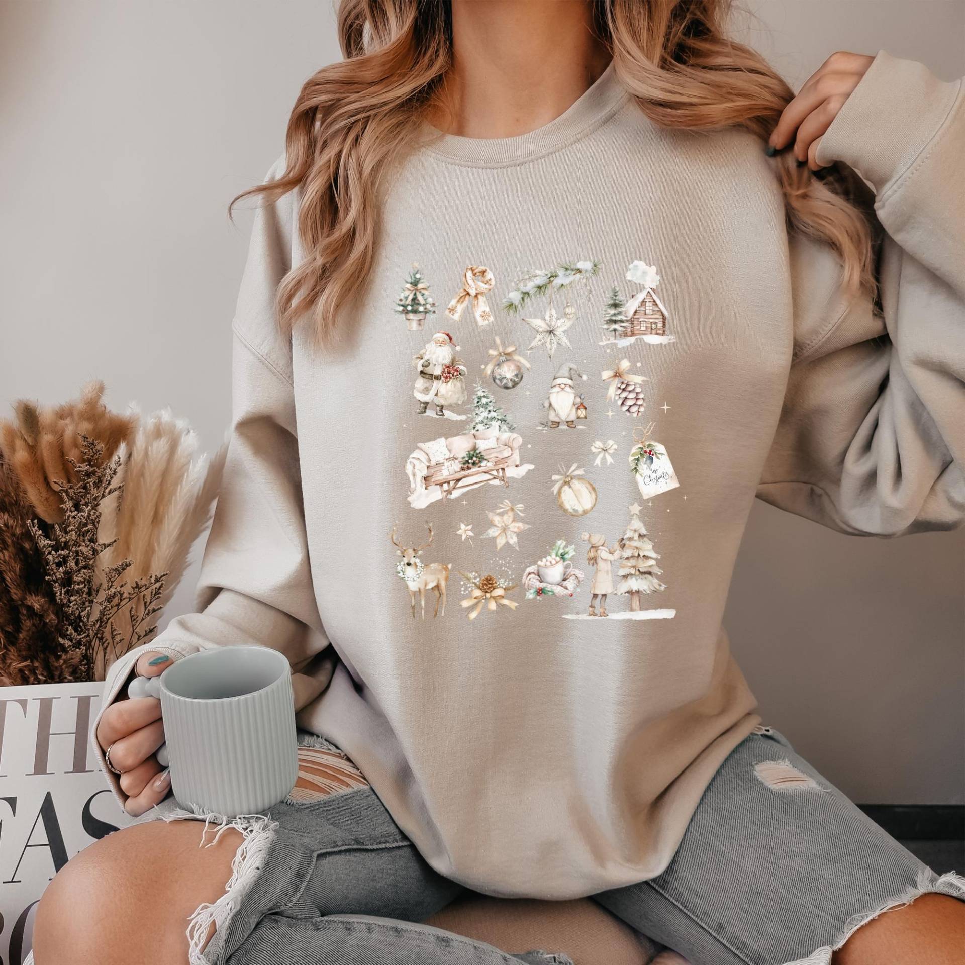 Weihnachtspullover Damen - Cozy Christmas Sweatshirt Neutral Boho Stil Geschenk Für Frauen, Mamas, Lehrerinnen, Freundinnen von Modernprintloft