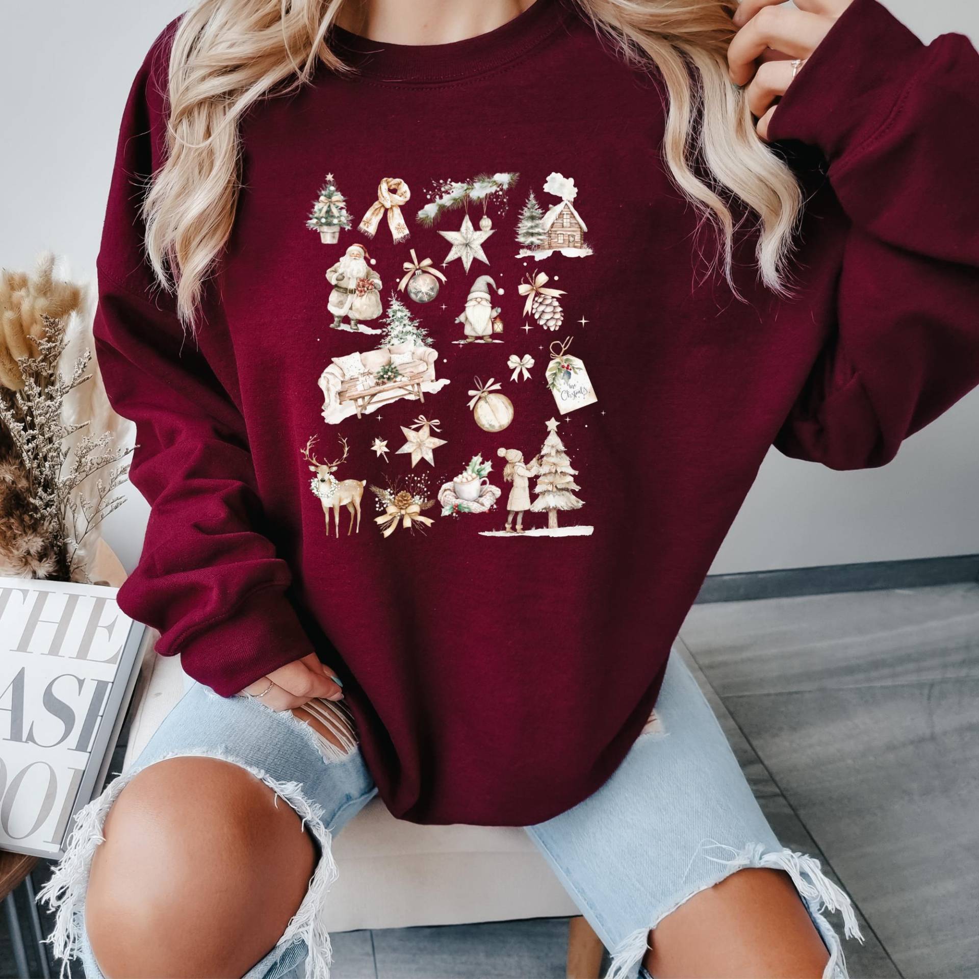 Weihnachtspullover Damen - Cozy Christmas Sweatshirt Neutral Boho Stil Geschenk Für Frauen, Mamas, Lehrerinnen, Freundinnen von Modernprintloft