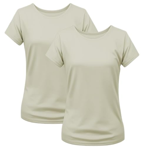 2er Pack Damen T-Shirt Einfarbig Slim Fit Rundhals Figurbetonend Extra Weich 100% Baumwolle Beige L von Modesta
