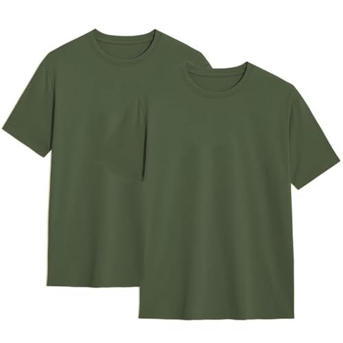 2er Pack Herren T-Shirt Einfarbig Rundhals Normale Passform 100% Bio Baumwolle Kurzarm Basic Militärgrün XXL von Modesta