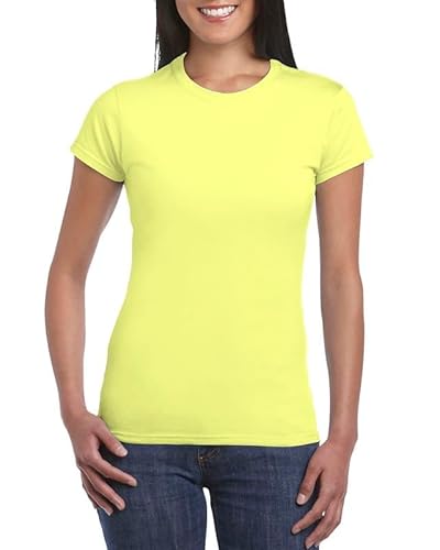 Damen T-Shirt Einfarbig Slim Fit Rundhals Figurbetonend Extra Weich 100% Baumwolle Gelb XL von Modesta