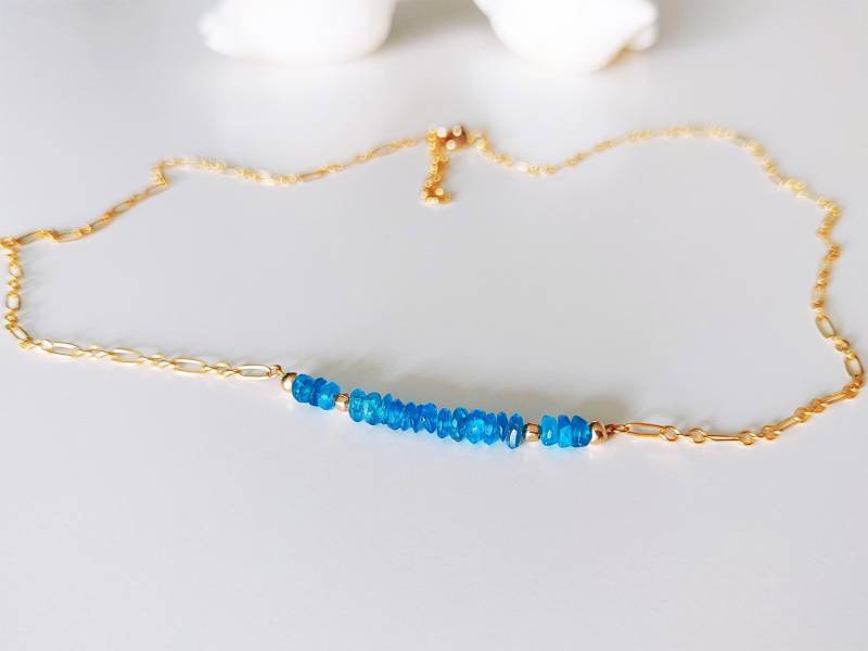 Apatit Halskette Gold Filled, Längenverstellbare Vergoldete Kette, Blauer Edelstein Schmuck, Modetrüffel Halsketten Für Frauen von Modetrueffel